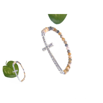 Bracelet religieux de croix de chapelet strass élastique fait main en jade